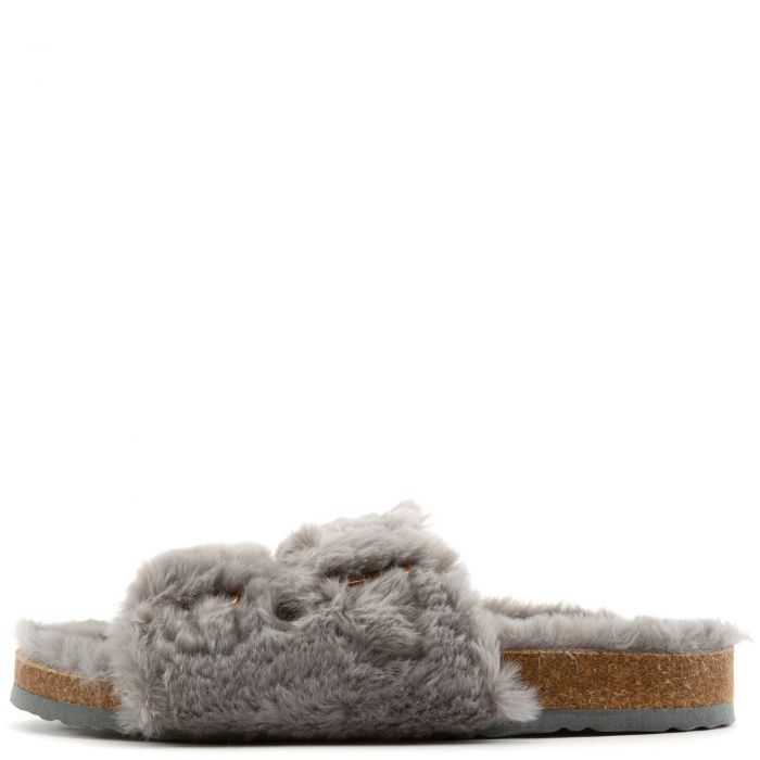 Defeat-63 Double Band Fur Slides Grey Fur