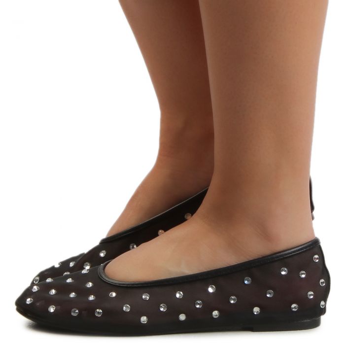 HEARTFUL Rhinestone Mesh Flats Black