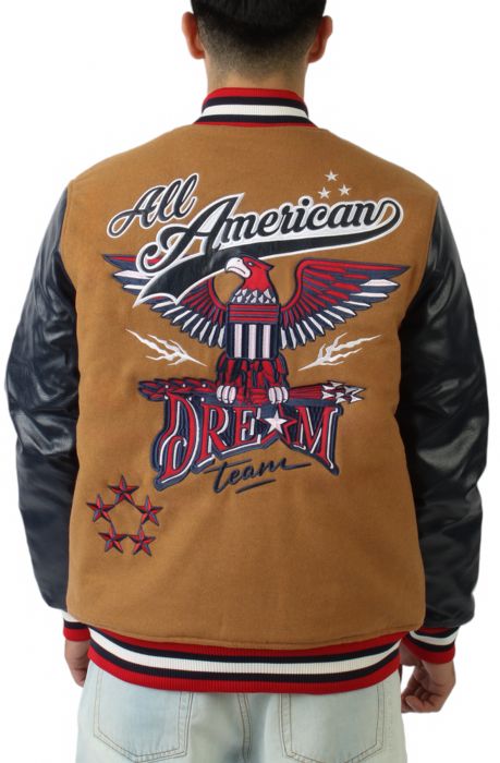All American Varsity Jacket Caramel/Navy/Red