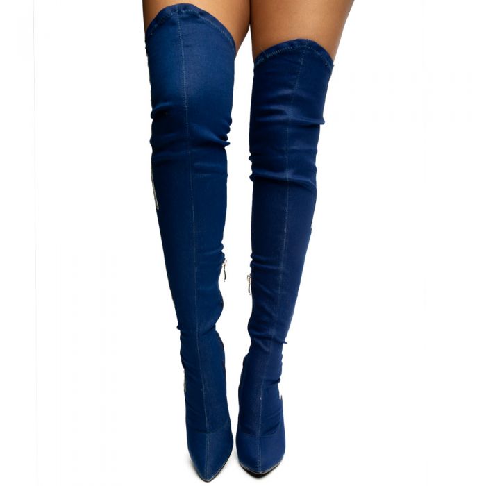 Paw-43 Thigh High Boots Denim Washed