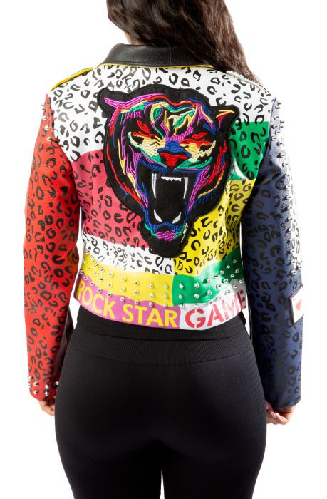 Graphic Leopard Print Leather Jacket Red Multi
