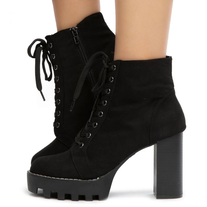 black lace up chunky heel booties