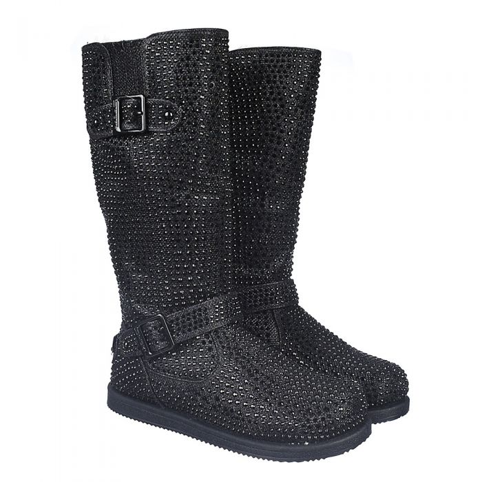 Kids Mid-Calf Studded Boot Urban Buckle Glitter Black
