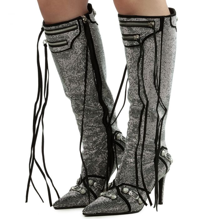 Rhinestone Heel Boot  Silver