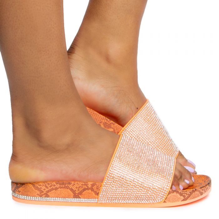 Marty-04 Rhinestone Slides Neon Orange Snake