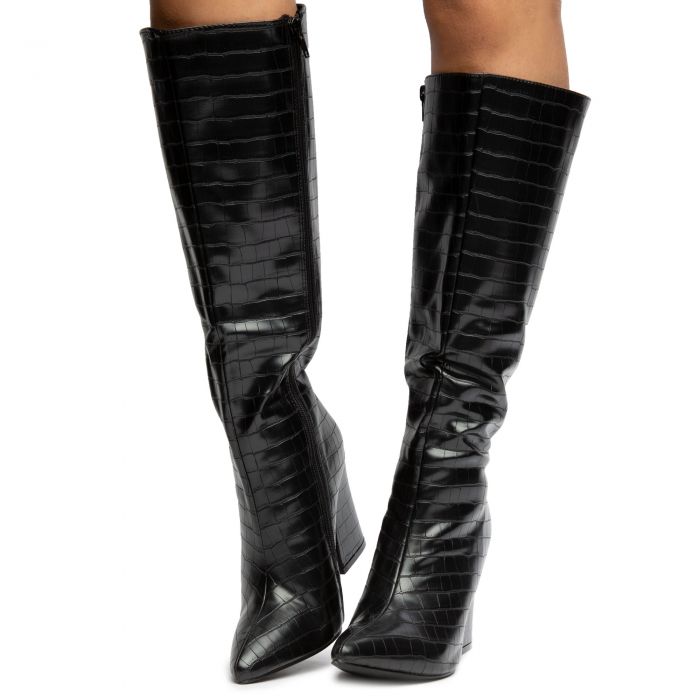 Desi-3 Mid-Calf Croc Boots Black