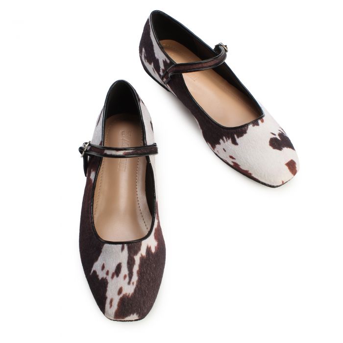 Cow Print Mary Jane Flat  Bown/White