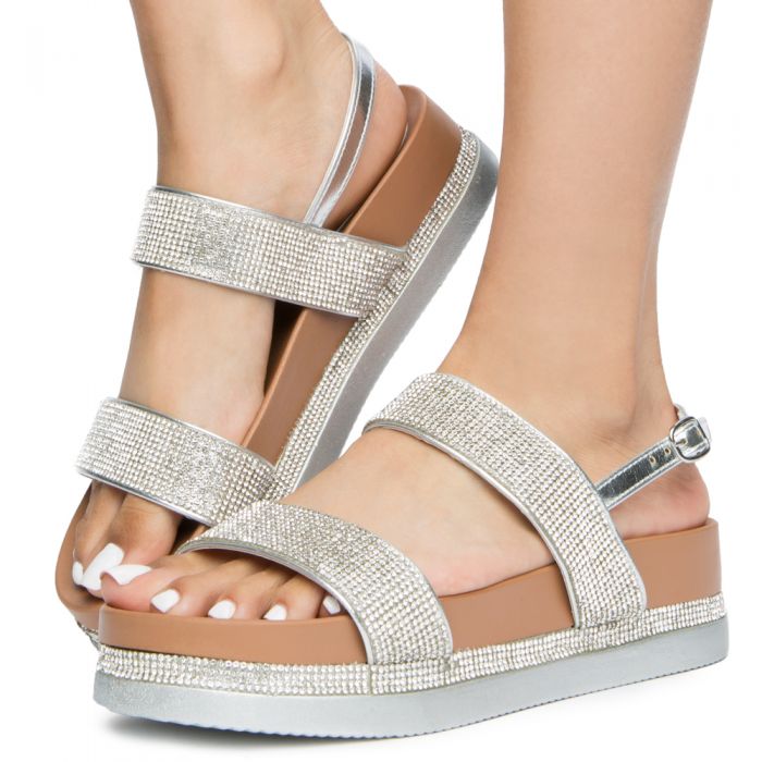 WOMEN'S LOOKOUT-02S 2 STRAP RHINESTONE SANDALS SILVER