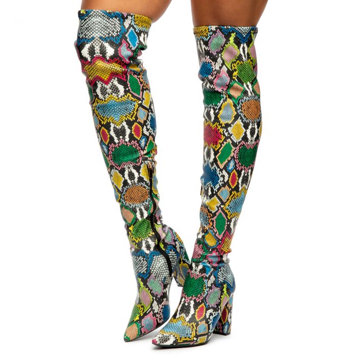 Bellflower-56 High Heel Boots Multi Snake