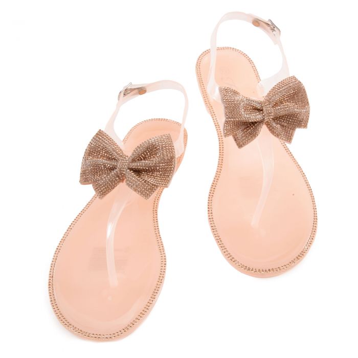 Shoe Land SUMMER-Women Rhinestone Bowtie Flip Flops Jelly Thong Sandals  (White/Silver)