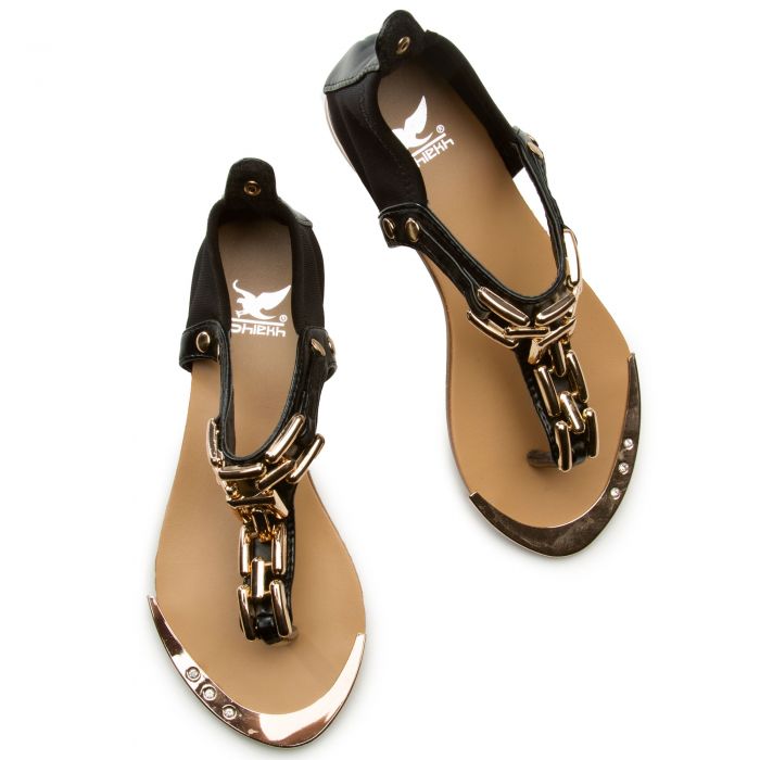 (PS) Tyler-18K Gold Chain Flat Sandal Black
