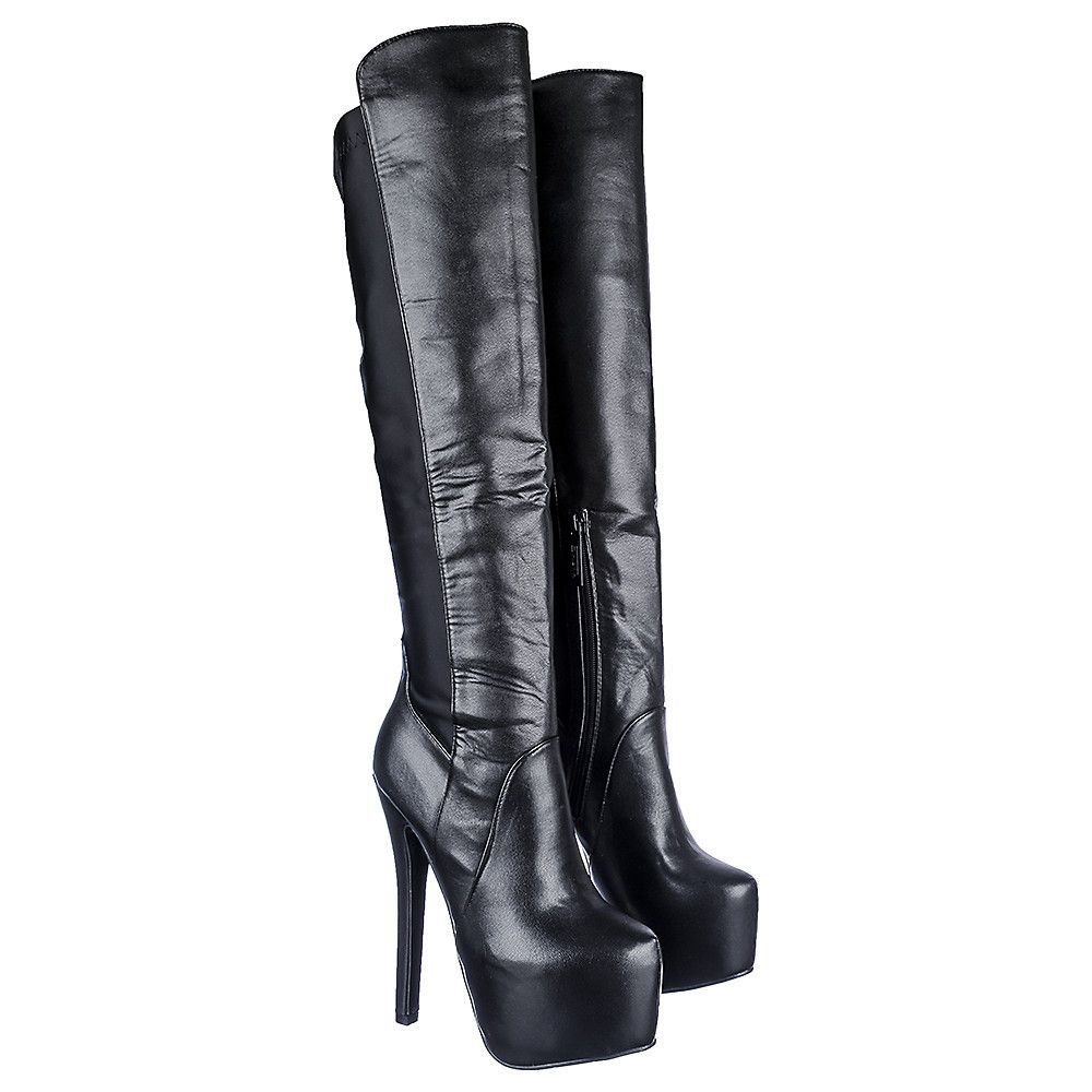 platform knee high black leather boots