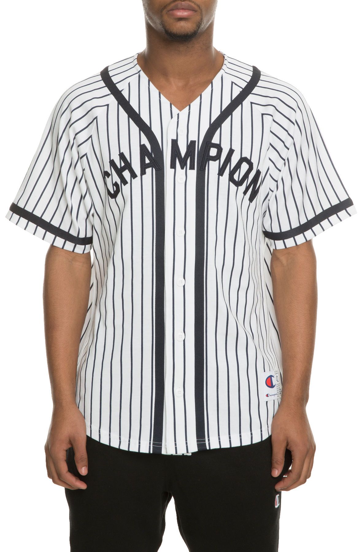 The Champion Branded Pinstripe Baseball Jersey in White/Navy White/Navy