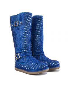 Kids Mid-Calf Studded Boot Urban Buckle Glitter Blue