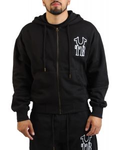 Ribbed Applique Zip-Up Hoodie  Black