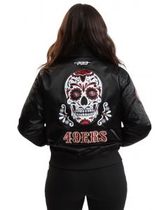 NFL San Francisco 49ers Sugar Skull Satin Jacket  Black