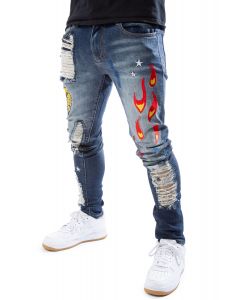 Hagan Flame Patch Jeans Medium Blue