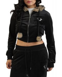 Velour Faux Fur Shrunken Zip-Up Hoodie Black