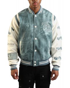 Denim Print Retro Varsity Jacket  Denim/Winter White