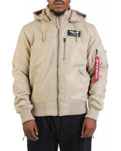 Faux Leather Hooded Rib Flight Jacket  Vintage Khaki