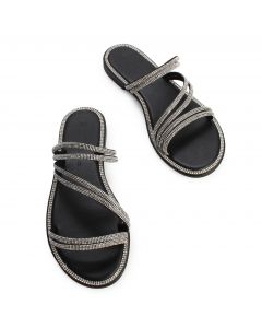 Jaydra-01 Flat Rhinestone Sandal Black/Silver