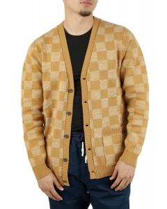 Checkerboard Jacquard Cardigan Sweater Wheat