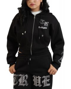 Crystal Logo Cropped Zip-Up Hoodie  Black