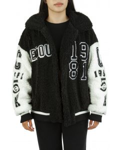  Pick A Vowel Oversized Teddy Varsity Jacket Black