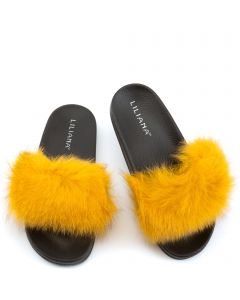 DND Fashion Inc Dreamy Fur Rhinestone Slides Black Fur