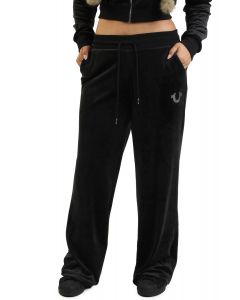 Velour Crystal Horseshoe Straight Leg Sweatpant Black
