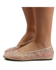 HEARTFUL Rhinestone Mesh Flats Nude