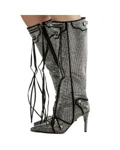 Rhinestone Heel Boot  Silver