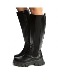 Tetris-15 Platform Knee High Boot Black Crinckle Pu