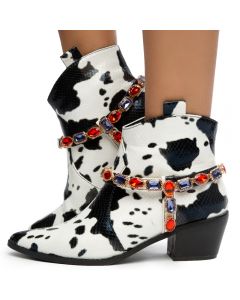 Kaly-1 Cow Print and Gems Boots White