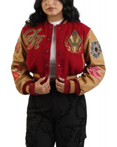 Crop Varsity Jacket  Red/Brown