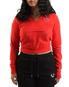 Embroidered Terry V Notch Hoodie Scarlet