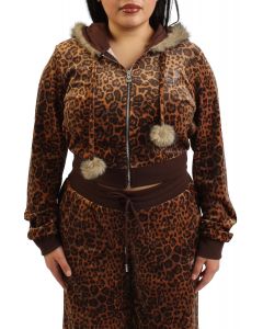 Velour Faux Fur Shrunken Zip-Up Hoodie Leopard