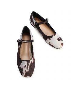 Cow Print Mary Jane Flat  Bown/White