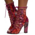 Sage-24 Lace-Up Open Toe Booties Red Multi