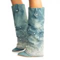 Allo Denim Rhinestone Heel Boots Denim