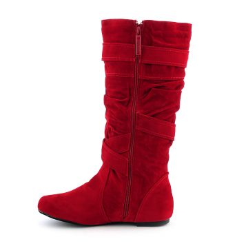 red tall flat boots