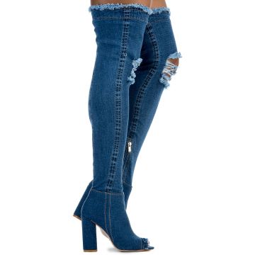 open toe denim thigh high boots