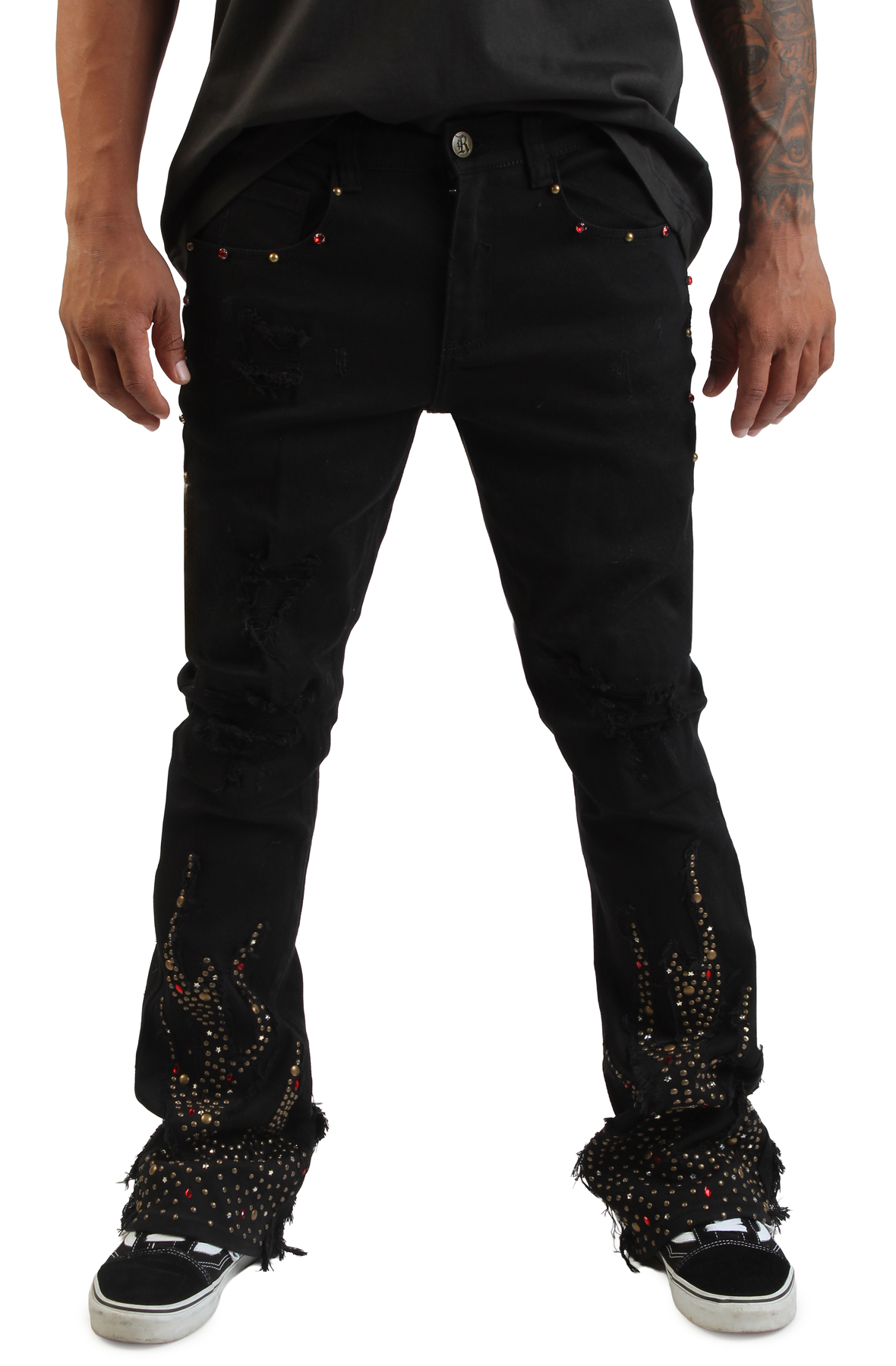 Men Fire Studded Jeans Black Pants 30 x 34L Black