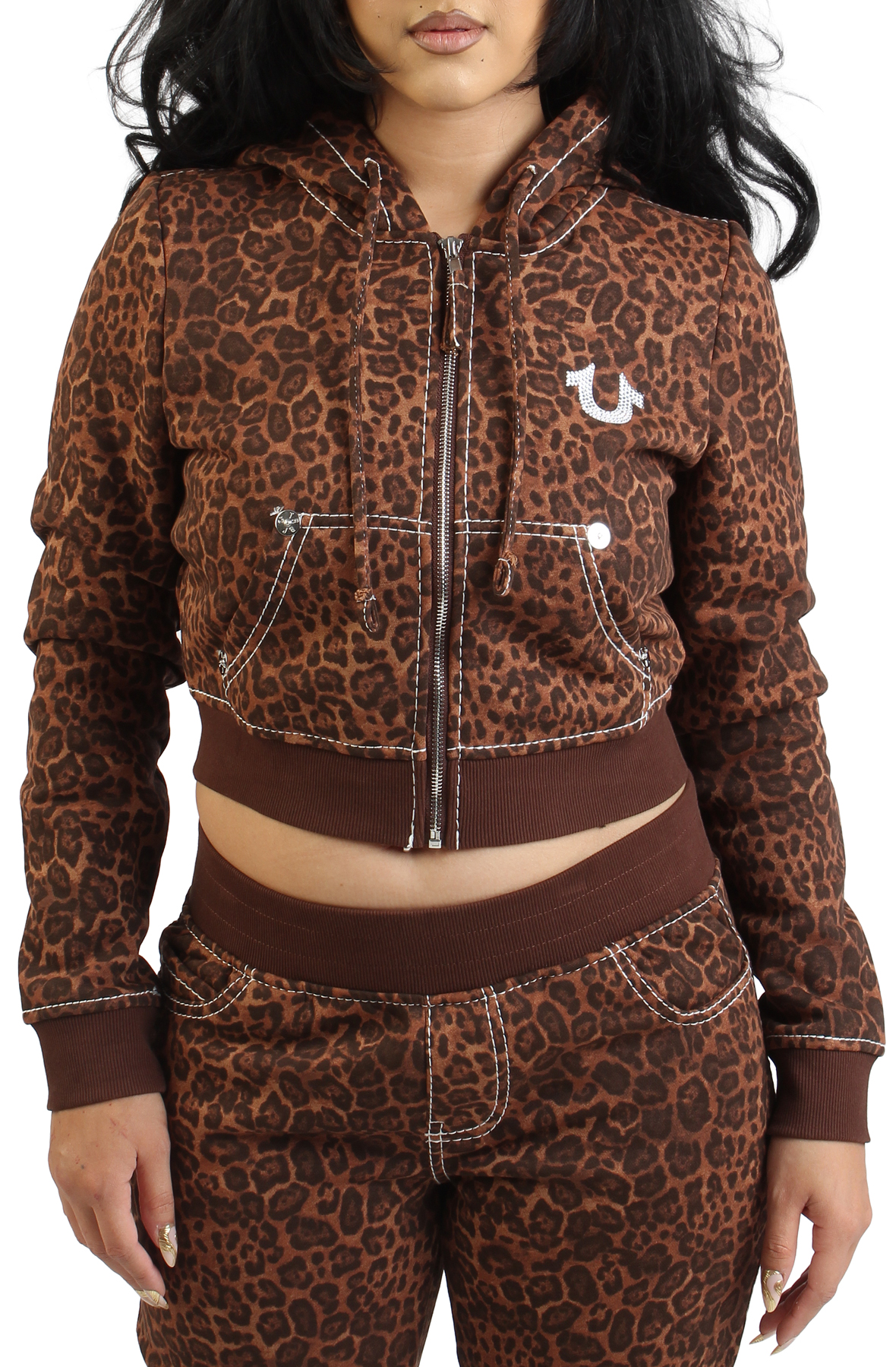 TRUE RELIGION LEOPARD CRYSTAL BIG T SHRUNKEN HOODIE 209789-2141