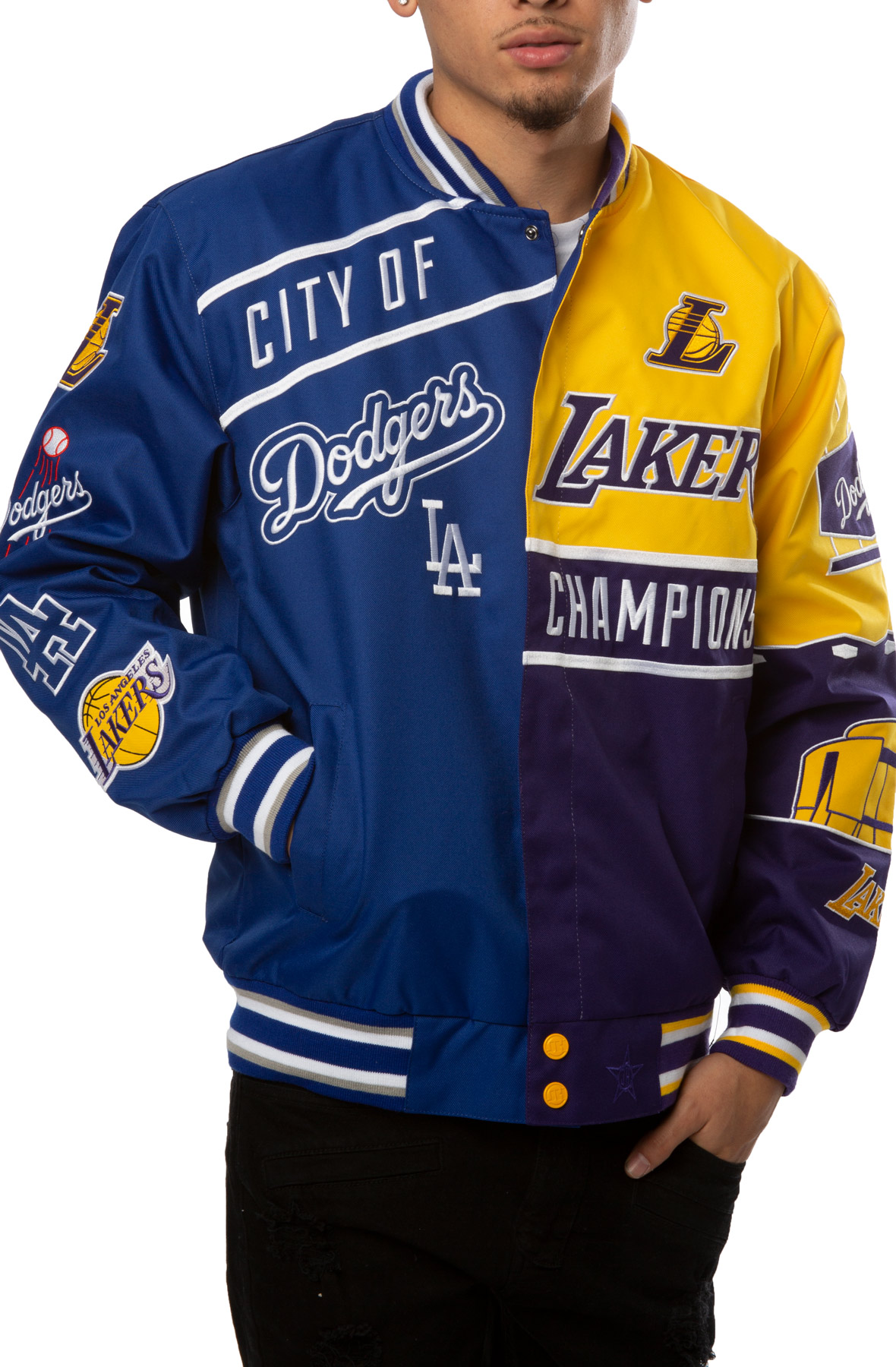 Los Angeles Authentic JH Design City of Champions Embroidered Logos Jacket  - Royal/Yellow