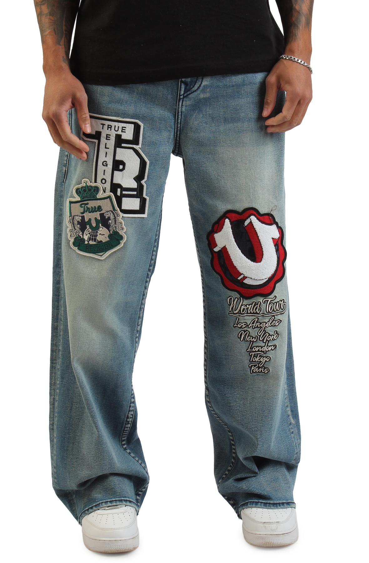 TRUE RELIGION Vinny Varsity Patch Big T Ultra Baggy Jean 34 110197