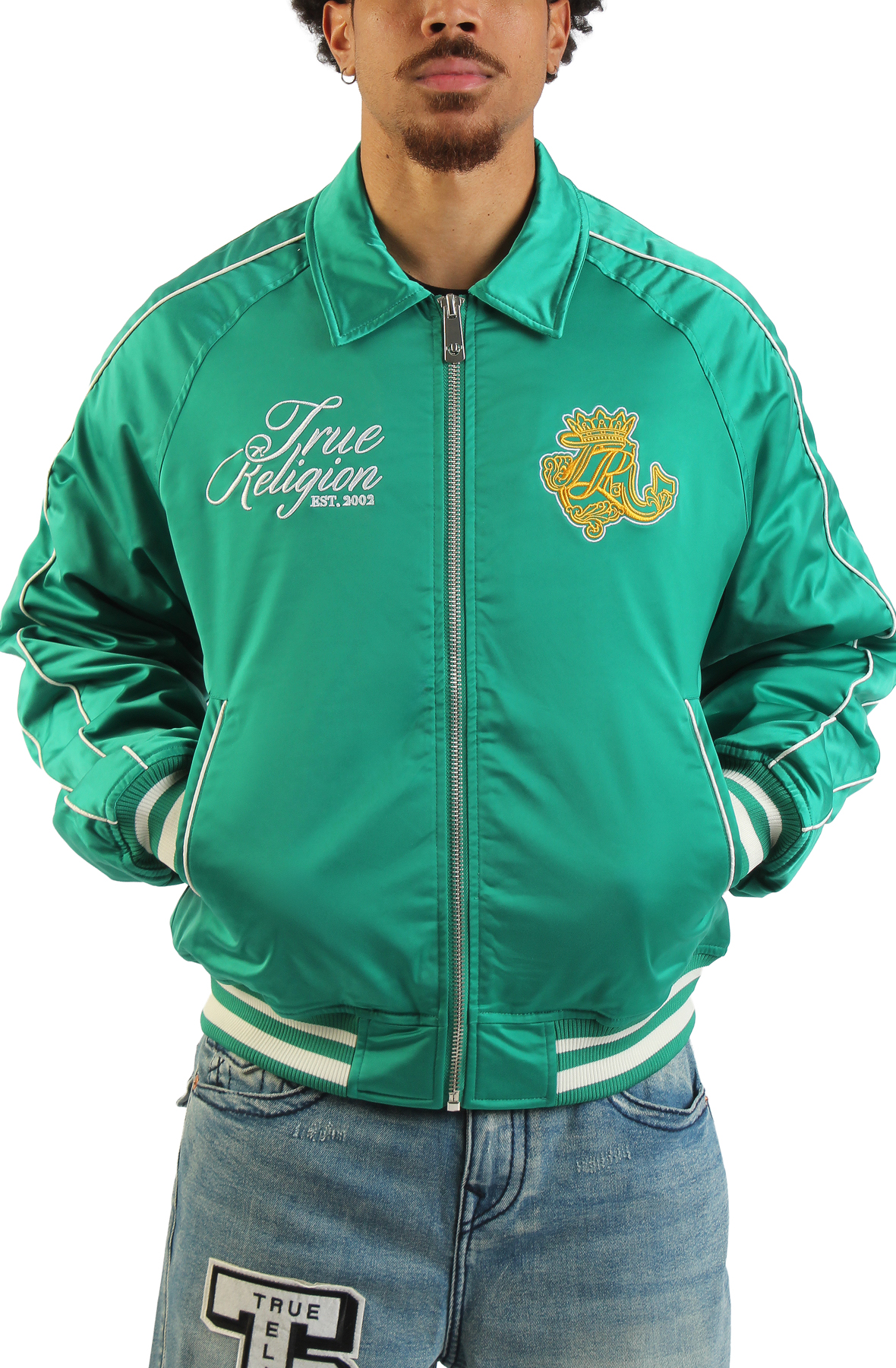 TRUE RELIGION Logo Crest Satin Retro Bomber Jacket 110175-3087 