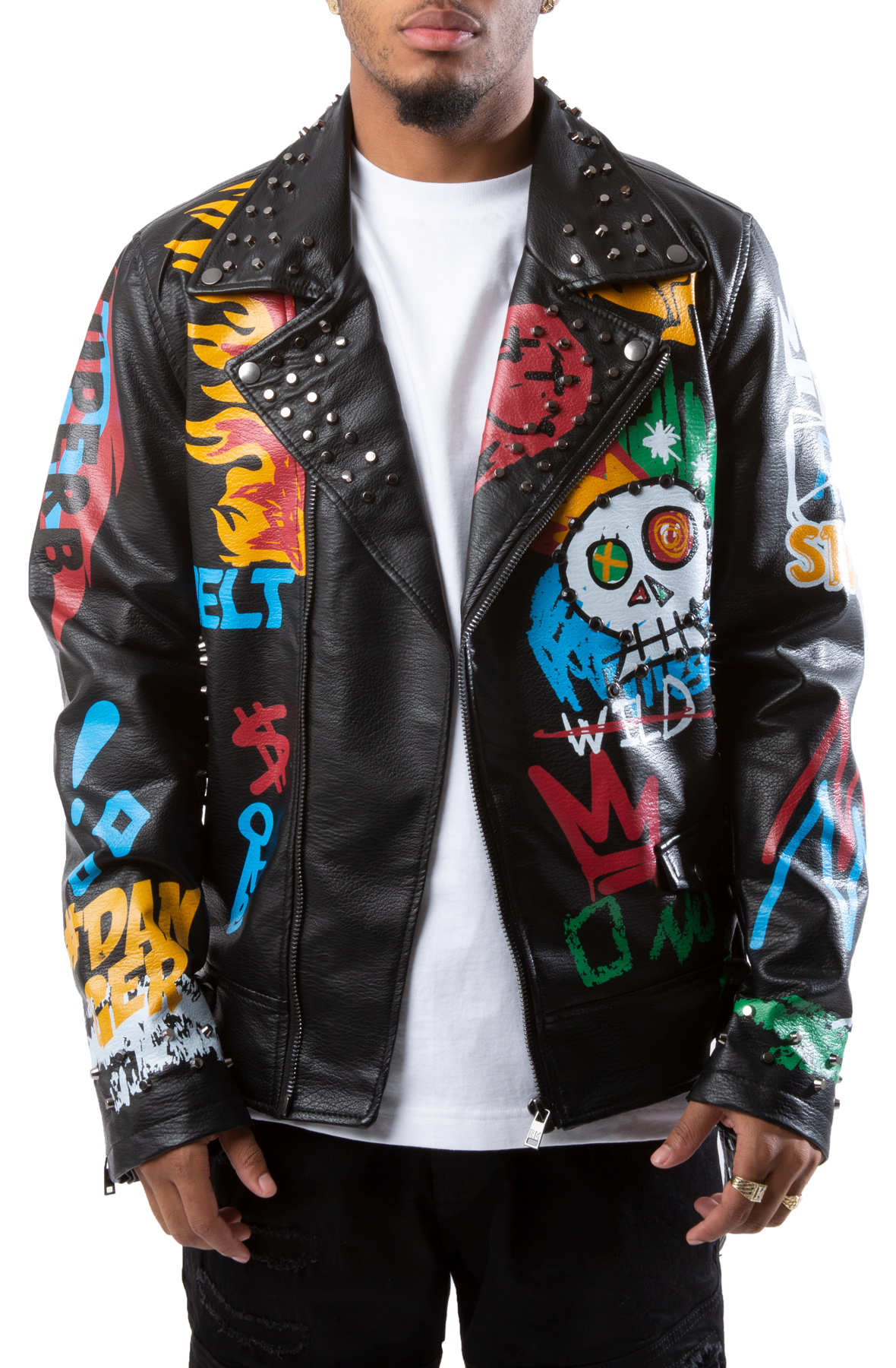 REBEL MINDS Skull Flames Biker Jacket 612-555BLK - Shiekh