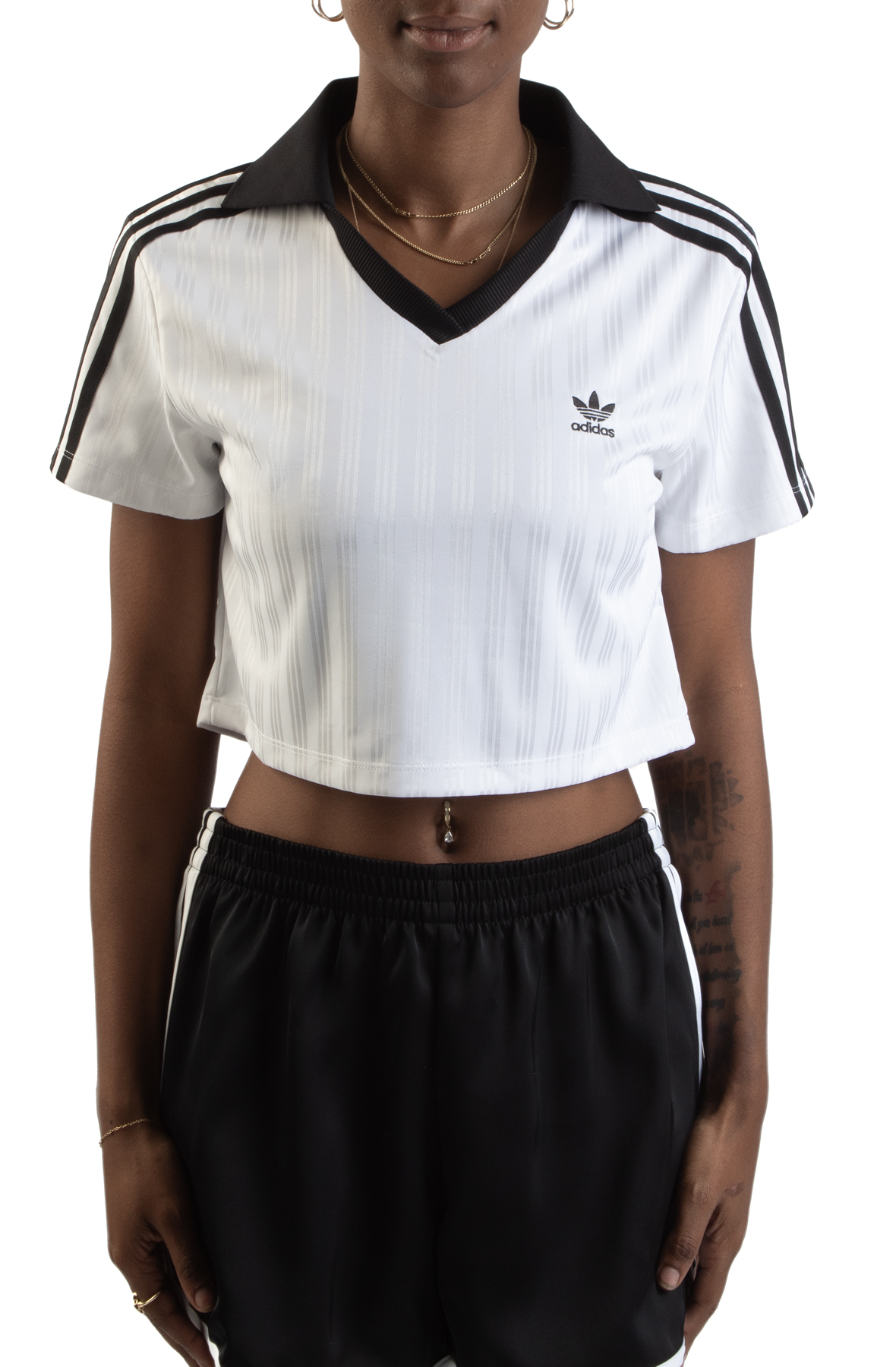 ★adidas★ Football Jacquard V-Neck Crop Polo Shirt White JD ADIDAS Adicolor Football Jacquard V-Neck Crop Polo Shirt